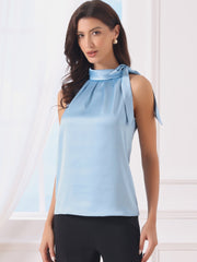 Elegant Satin Sleeveless Tie Knot Mock Neck Solid Work Blouse Top