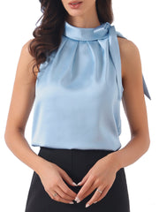 Elegant Satin Sleeveless Tie Knot Mock Neck Solid Work Blouse Top