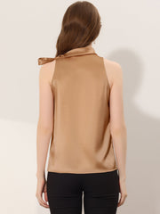 Elegant Satin Sleeveless Tie Knot Mock Neck Solid Work Blouse Top