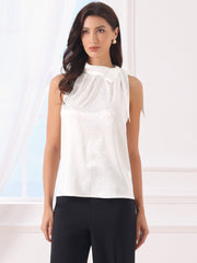 Elegant Satin Sleeveless Tie Knot Mock Neck Solid Work Blouse Top