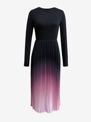 Gradient Pink Round Neck Long Sleeves Pleated A-Line Dress