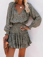 Leopard Print Mini Dress - V-Neck with Smocked Bodice & Ruffled Tiered Skirt