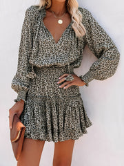 Leopard Print Mini Dress - V-Neck with Smocked Bodice & Ruffled Tiered Skirt