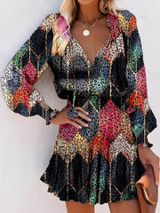 Leopard Print Mini Dress - V-Neck with Smocked Bodice & Ruffled Tiered Skirt