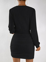 V Neck Textured Ruched Bodycon Mini Dress