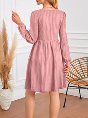 Round Neck Pockets Long Sleeve Textured A-Line Dress