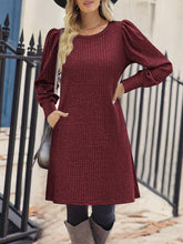 Solid Color Round Neck Puff Sleeve Pockets Midi Dress