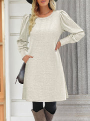 Solid Color Round Neck Puff Sleeve Pockets Midi Dress