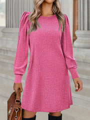 Solid Color Round Neck Puff Sleeve Pockets Midi Dress