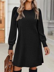 Solid Color Round Neck Puff Sleeve Pockets Midi Dress