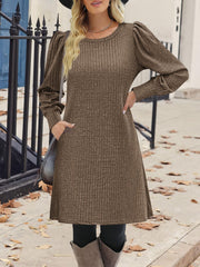 Solid Color Round Neck Puff Sleeve Pockets Midi Dress