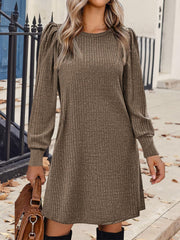 Solid Color Round Neck Puff Sleeve Pockets Midi Dress