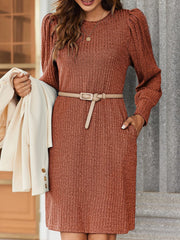 Solid Color Round Neck Puff Sleeve Pockets Midi Dress