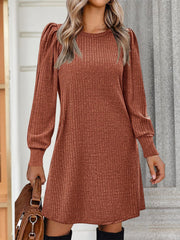 Solid Color Round Neck Puff Sleeve Pockets Midi Dress