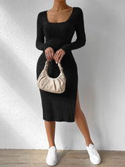 Square Neck Long Sleeves Slit Bodycon Midi Dress