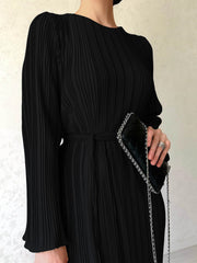 Round Neck Trumpet Sleeve Pleated Maxi Dress