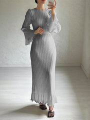 Round Neck Trumpet Sleeve Pleated Maxi Dress