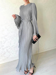 Round Neck Trumpet Sleeve Pleated Maxi Dress