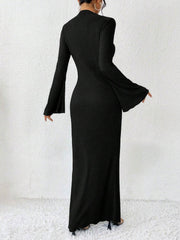 Boat Neck Trumpet Long Sleeve Textured Maxi Dress