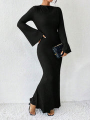 Boat Neck Trumpet Long Sleeve Textured Maxi Dress