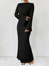 Boat Neck Trumpet Long Sleeve Textured Maxi Dress