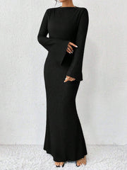 Boat Neck Trumpet Long Sleeve Textured Maxi Dress