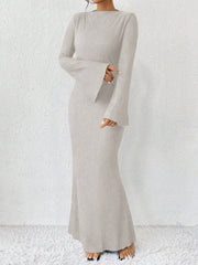 Boat Neck Trumpet Long Sleeve Textured Maxi Dress