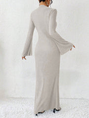 Boat Neck Trumpet Long Sleeve Textured Maxi Dress