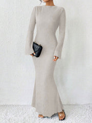 Boat Neck Trumpet Long Sleeve Textured Maxi Dress