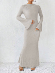 Boat Neck Trumpet Long Sleeve Textured Maxi Dress