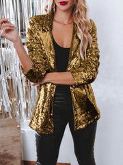 Notched Lapel Long Sleeves Sequin Open Front Jacket