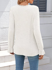 Solid Color V Neck Lace Trim Long Sleeves Blouse