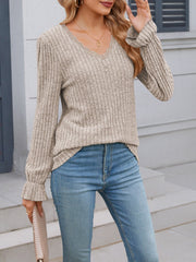 Solid Color V Neck Lace Trim Long Sleeves Blouse