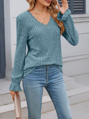Solid Color V Neck Lace Trim Long Sleeves Blouse