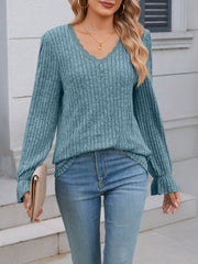 Solid Color V Neck Lace Trim Long Sleeves Blouse
