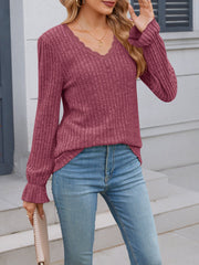 Solid Color V Neck Lace Trim Long Sleeves Blouse