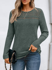 Round Neck Long Sleeves Casual Eyelet Blouse