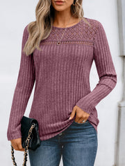 Round Neck Long Sleeves Casual Eyelet Blouse