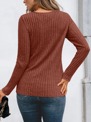 Round Neck Long Sleeves Casual Eyelet Blouse