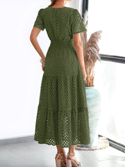 Notch Neck Short Sleeves Pockets Eyelet A-Line Tiered Dress