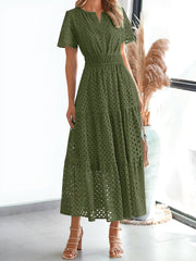 Notch Neck Short Sleeves Pockets Eyelet A-Line Tiered Dress