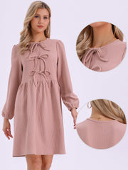 Puff Long Sleeve Bow Tie Front Babydoll Dress