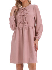Puff Long Sleeve Bow Tie Front Babydoll Dress