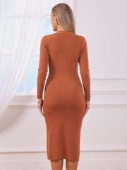 Button Decor Knit Bodycon Midi Sweater Dress