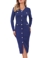Button Decor Knit Bodycon Midi Sweater Dress