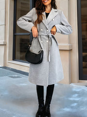 Solid Color Double Breasted Tie Front Belted Coat