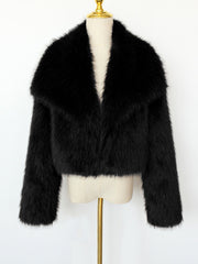 Collared Long Sleeves Cropped Faux Fur Coat