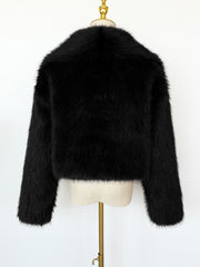 Collared Long Sleeves Cropped Faux Fur Coat