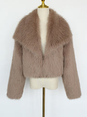Collared Long Sleeves Cropped Faux Fur Coat