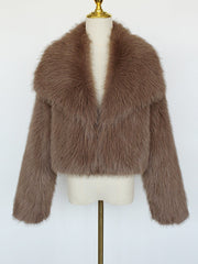 Collared Long Sleeves Cropped Faux Fur Coat